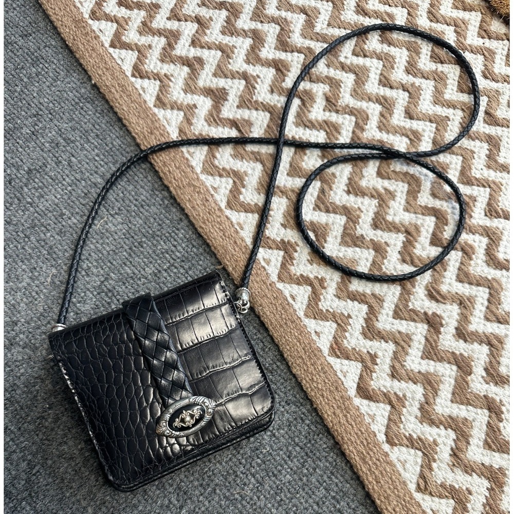 Vintage‎ Brighton Mini Crossbody Wallet Organizer Pebbled Black Leather Braided